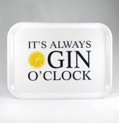 Bricka 27x20 cm, Gin o'clock, vit/svart-gul text