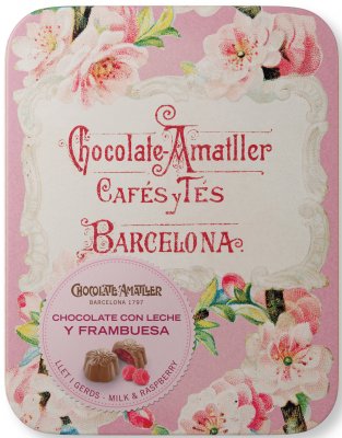 Plåtask Chokladblommor ljus choklad med hallonfyllning 72g