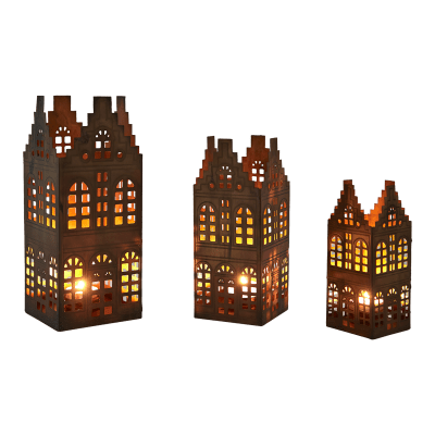 VILLAGE Ljuslykta hus, set om 3, Mässingsfärgad