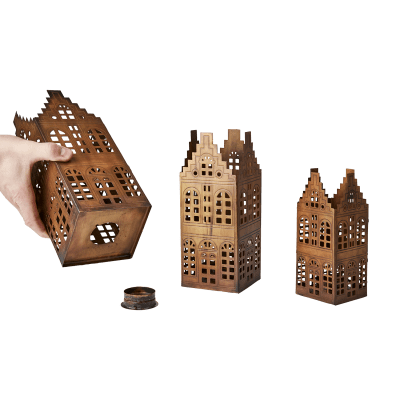 VILLAGE Ljuslykta hus, set om 3, Mässingsfärgad