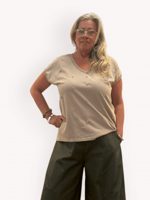 Topp med strassdetaljer, beige