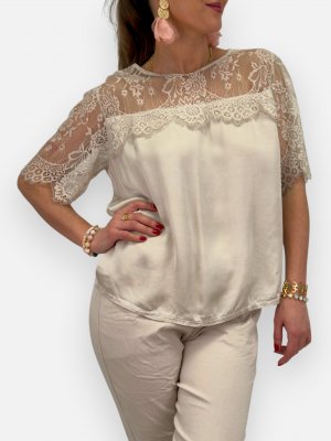 Topp med spetsdetaljer Amalia, beige