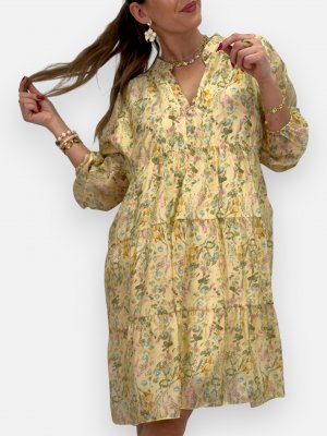 Blommig klänning i tencel Belle, ljusgul