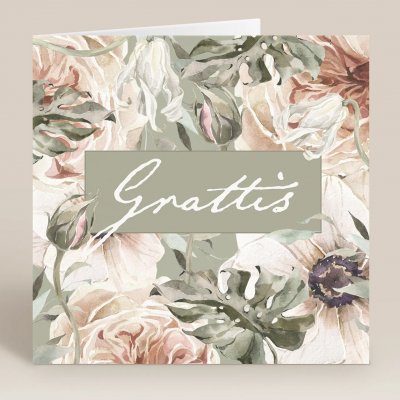 Kort med kuvert, Grattis gröna blad och blommor