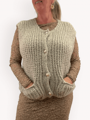 Zabia, grovstickad väst med knappar, beige