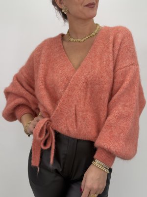 Stickad omlottkofta Sol, korall