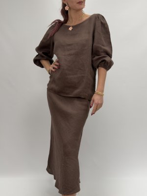 Siri Linnetopp med puffärm, brun