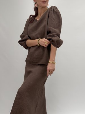 Siri Linnetopp med puffärm, brun