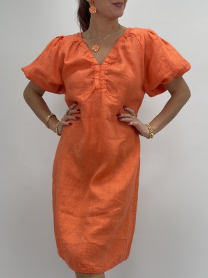 Majken Linneklänning med puffärm, orange