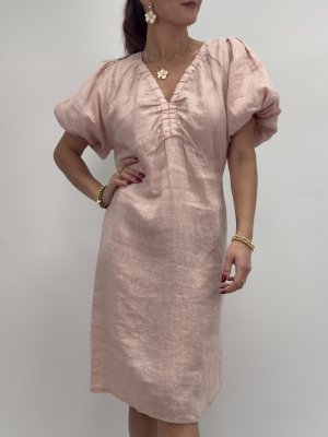 Majken Linneklänning med puffärm, rosa
