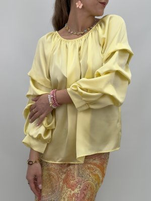 Glansig blus med volymärm, gul