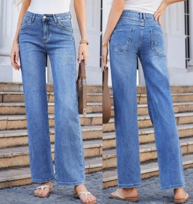 Raka jeans med strassknapp