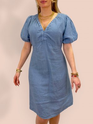 Majken Linneklänning med puffärm, jeansblå